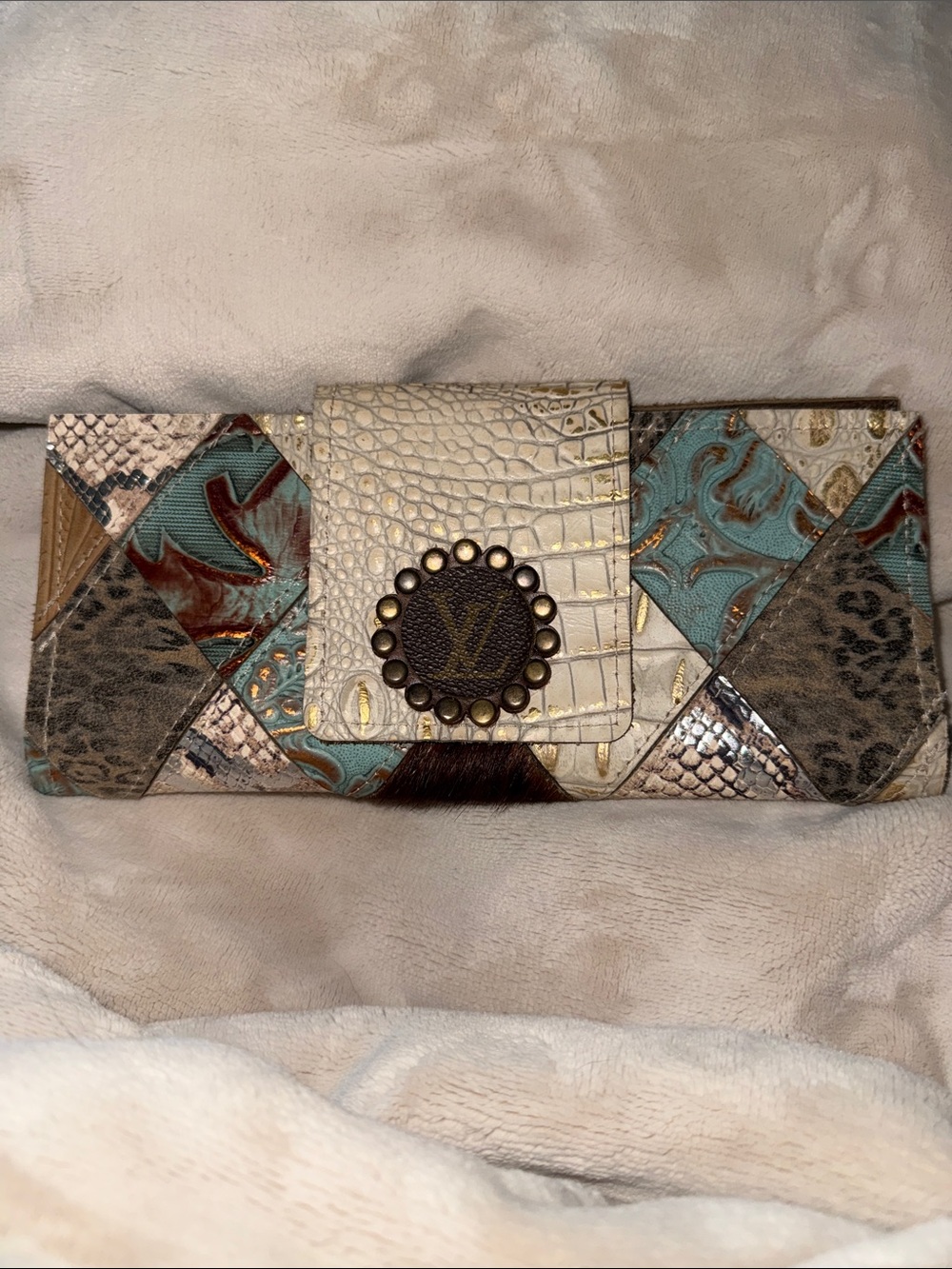 LV Patchwork Embossed Leather Clutch - Cream & Turquoise